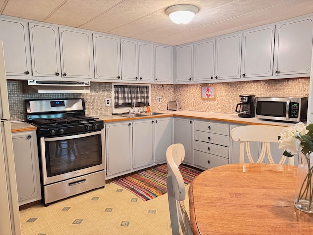 36434 145th Ave, Blueberry Twp, MN 56464 - kitchen with appliances with stainless steel finishes, under cabinet range hood, light countertops, and decorative backsplash