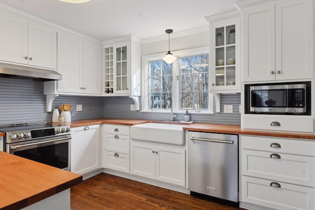 4022 Hillcrest Rd, Deephaven, MN 55391 - kitchen with butcher block counters, stainless steel appliances, under cabinet range hood, decorative backsplash, and white cabinetry