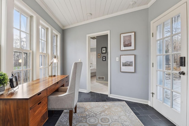 4022 Hillcrest Rd, Deephaven, MN 55391 - home office with healthy amount of natural light, ornamental molding, dark tile patterned flooring, and wood ceiling
