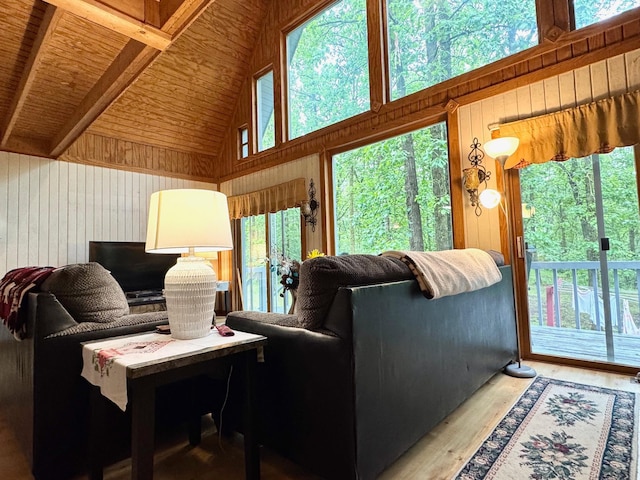 42863 270th St, Malung Twp, MN 56751 - living room with wooden walls, wood finished floors, a wooden ceiling with exposed beams, and high vaulted ceiling