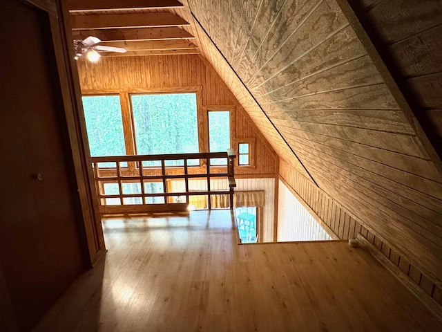 42863 270th St, Malung Twp, MN 56751 - bonus room featuring lofted ceiling, wood walls, hardwood / wood-style flooring, a ceiling fan, and wood ceiling