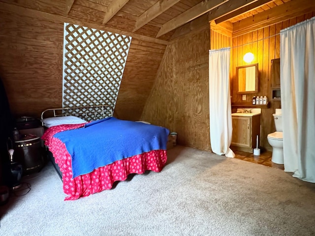 42863 270th St, Malung Twp, MN 56751 - bedroom featuring carpet, wooden walls, ensuite bathroom, and wooden ceiling