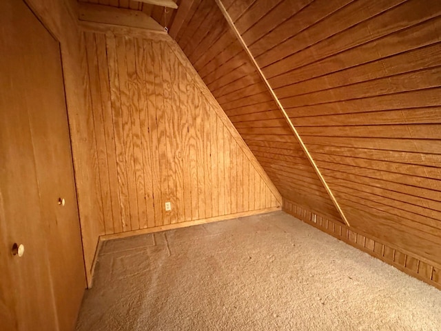 42863 270th St, Malung Twp, MN 56751 - bonus room with wooden ceiling, lofted ceiling, wood walls, and carpet floors