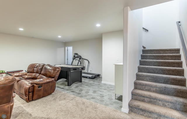 7339 21st St S, Fargo, ND 58104 - living room featuring light carpet, recessed lighting, and stairway