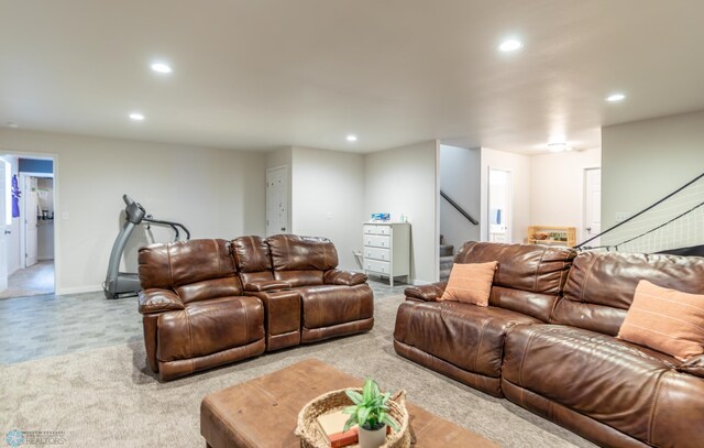 7339 21st St S, Fargo, ND 58104 - living room featuring recessed lighting, stairs, and carpet floors