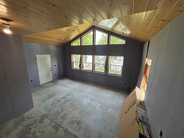13648 Island Lake Rd W, Lengby, MN 56651 - empty room with vaulted ceiling, wooden ceiling, and unfinished concrete flooring