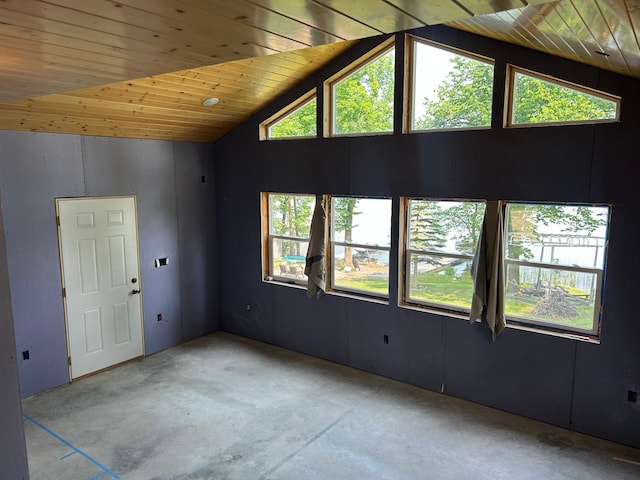 13648 Island Lake Rd W, Lengby, MN 56651 - unfurnished room featuring concrete flooring, lofted ceiling, and wood ceiling