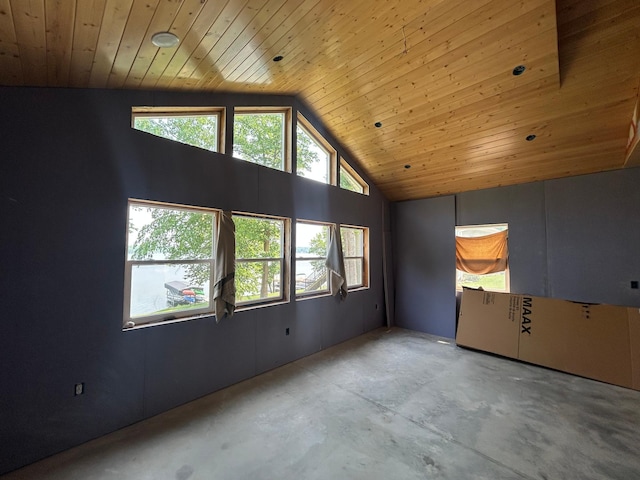 13648 Island Lake Rd W, Lengby, MN 56651 - empty room featuring wooden ceiling, healthy amount of natural light, concrete flooring, and vaulted ceiling