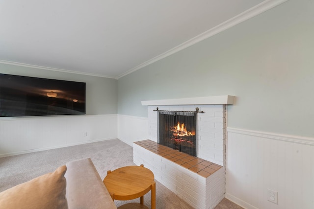 2514 Branch St, Duluth, MN 55812 - living area with a brick fireplace, a wainscoted wall, carpet, and crown molding