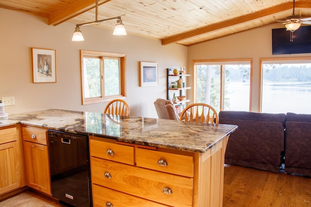 36945 Delta Bay Rd, Pine River, MN 56474 - kitchen featuring black dishwasher, wooden ceiling, light wood-style floors, a peninsula, and light stone counters