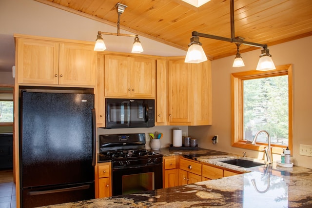 36945 Delta Bay Rd, Pine River, MN 56474 - kitchen with black appliances, wooden ceiling, light brown cabinetry, stone counters, and pendant lighting