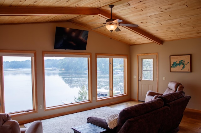36945 Delta Bay Rd, Pine River, MN 56474 - living room with wood ceiling, ceiling fan, and wood finished floors