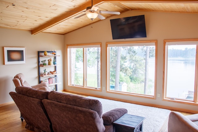 36945 Delta Bay Rd, Pine River, MN 56474 - living area with wood finished floors, wood ceiling, and ceiling fan