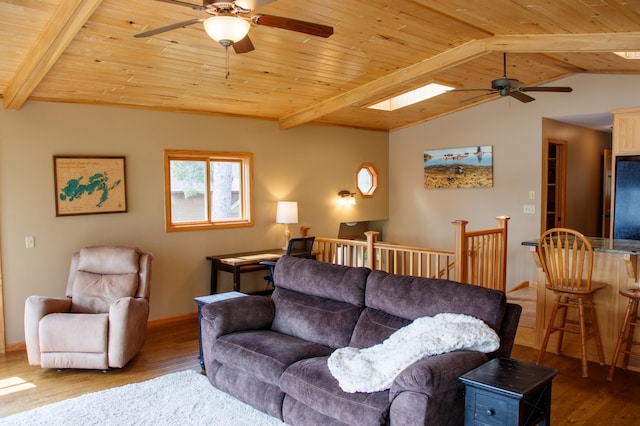 36945 Delta Bay Rd, Pine River, MN 56474 - living area with a ceiling fan, wood ceiling, wood finished floors, and a skylight