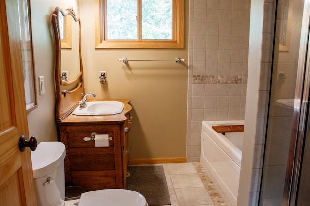 36945 Delta Bay Rd, Pine River, MN 56474 - full bathroom with vanity, a garden tub, a shower with door, and tile patterned floors
