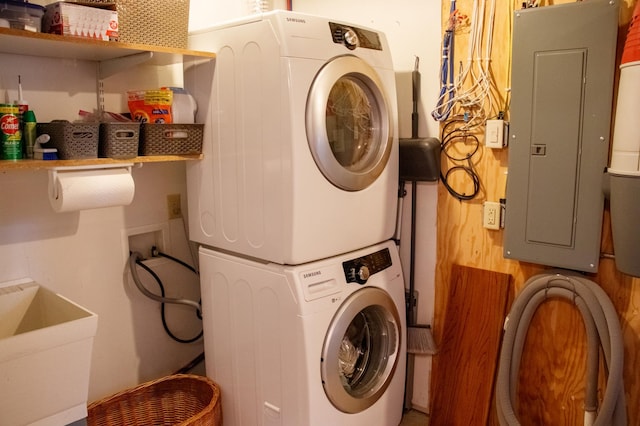 36945 Delta Bay Rd, Pine River, MN 56474 - washroom with stacked washer / dryer and electric panel