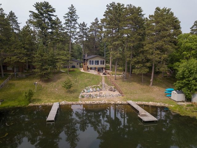 36945 Delta Bay Rd, Pine River, MN 56474 - dock with a lawn, a water view, and stairway