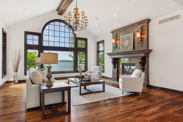 1709 1/2 Pulaski Rd, Buffalo, MN 55313 - living room featuring a high end fireplace, beam ceiling, a chandelier, wood finished floors, and high vaulted ceiling