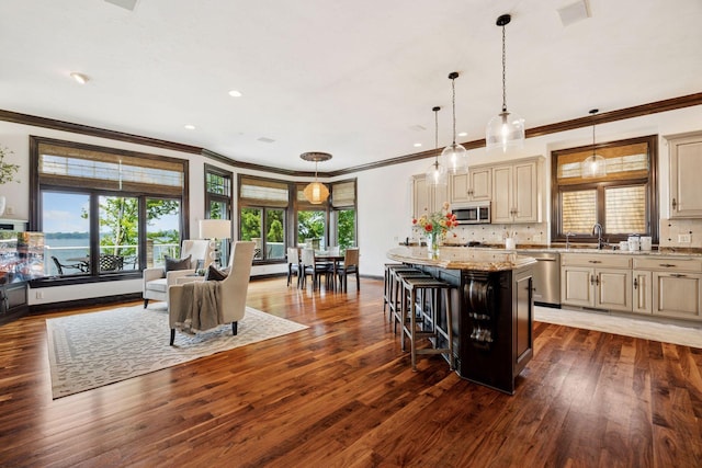 1709 1/2 Pulaski Rd, Buffalo, MN 55313 - kitchen with stainless steel appliances, cream cabinetry, ornamental molding, light stone counters, and plenty of natural light