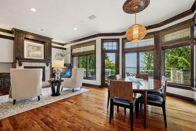 1709 1/2 Pulaski Rd, Buffalo, MN 55313 - dining space featuring ornamental molding, wood finished floors, a fireplace, and recessed lighting
