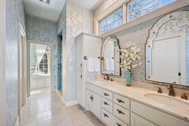 1709 1/2 Pulaski Rd, Buffalo, MN 55313 - bathroom featuring wallpapered walls, double vanity, tile patterned flooring, and a shower