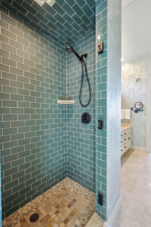 1709 1/2 Pulaski Rd, Buffalo, MN 55313 - bathroom with a stall shower, wallpapered walls, and vanity