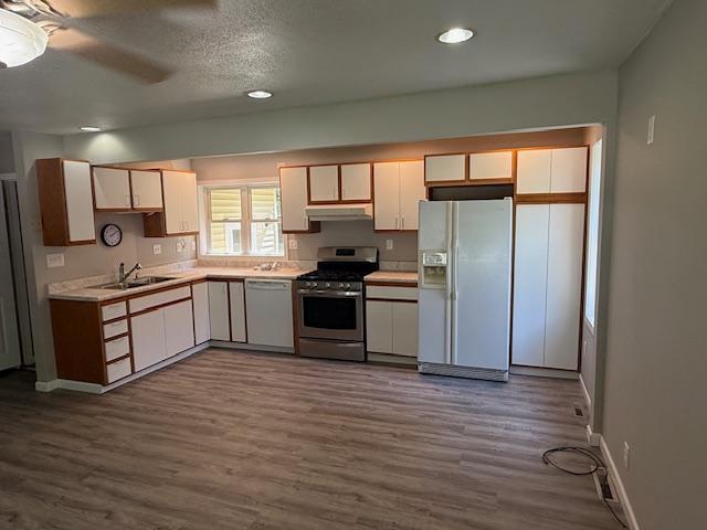 260 Maple St N, Balaton, MN 56115 - kitchen with white appliances, under cabinet range hood, dark wood finished floors, light countertops, and recessed lighting
