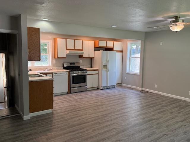260 Maple St N, Balaton, MN 56115 - kitchen with white appliances, a ceiling fan, light countertops, dark wood-style floors, and under cabinet range hood