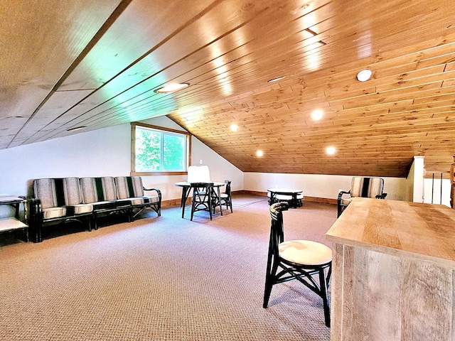 45207 281st Ln, Aitkin, MN 56431 - interior space featuring carpet, lofted ceiling, and wooden ceiling