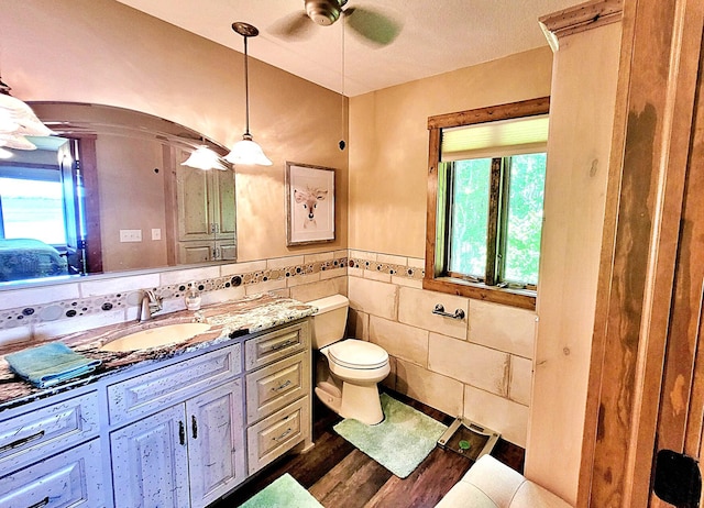 45207 281st Ln, Aitkin, MN 56431 - bathroom with tile walls, vanity, plenty of natural light, ceiling fan, and wood finished floors