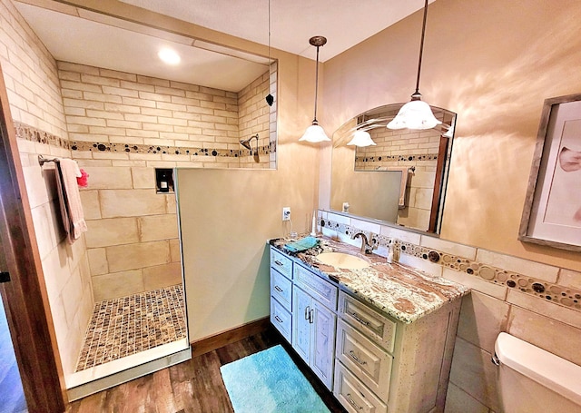 45207 281st Ln, Aitkin, MN 56431 - bathroom with walk in shower, vanity, and wood finished floors