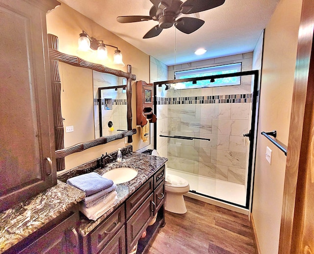 45207 281st Ln, Aitkin, MN 56431 - full bath featuring a shower stall, vanity, wood finished floors, and a ceiling fan
