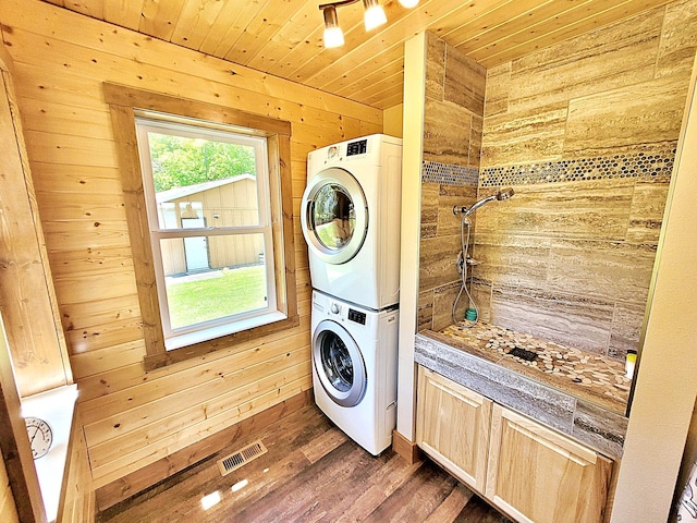 45207 281st Ln, Aitkin, MN 56431 - laundry area featuring stacked washer / dryer, wooden walls, wooden ceiling, and dark wood-style flooring