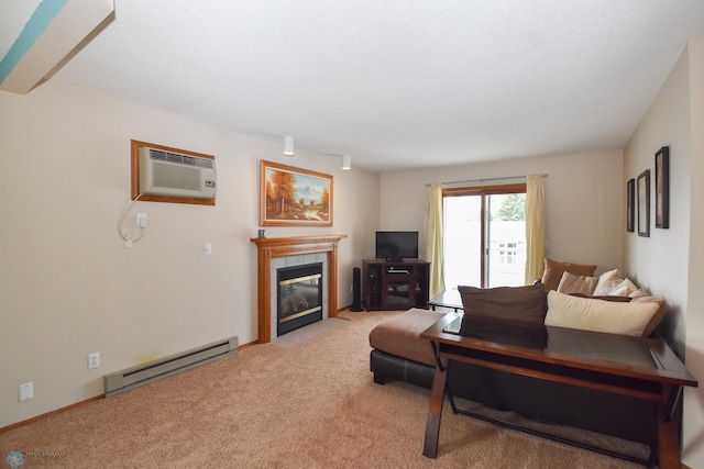 2515 25th St S Unit 303H, Fargo, ND 58103 - living room featuring a baseboard radiator, light colored carpet, a tiled fireplace, and an AC wall unit