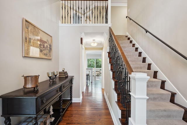 16209 Adeline Ln, Minnetonka, MN 55391 - stairway featuring wood finished floors, a high ceiling, and crown molding