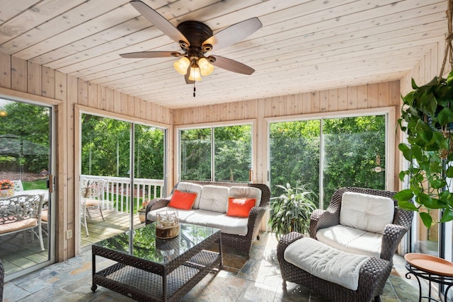 16209 Adeline Ln, Minnetonka, MN 55391 - sunroom featuring a ceiling fan and an outdoor hangout area