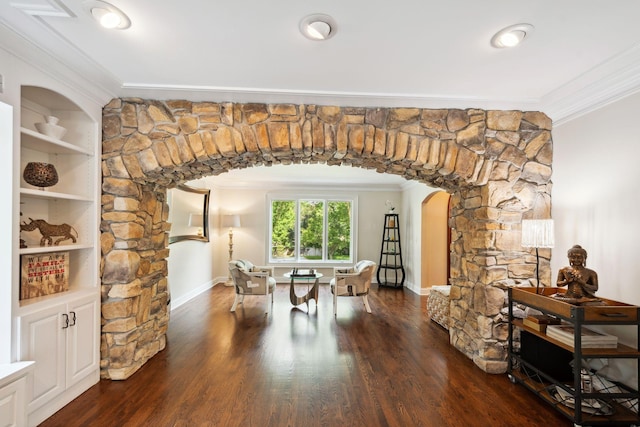 16209 Adeline Ln, Minnetonka, MN 55391 - dining area with ornamental molding, arched walkways, and dark wood-style flooring