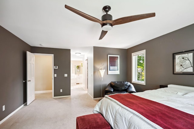 16209 Adeline Ln, Minnetonka, MN 55391 - bedroom featuring light carpet, connected bathroom, and a ceiling fan