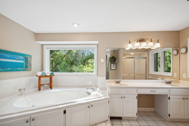 16209 Adeline Ln, Minnetonka, MN 55391 - full bath with a stall shower, a bath, double vanity, and tile patterned flooring