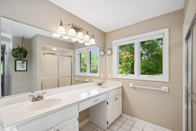 16209 Adeline Ln, Minnetonka, MN 55391 - full bathroom featuring double vanity, a shower stall, and tile patterned floors
