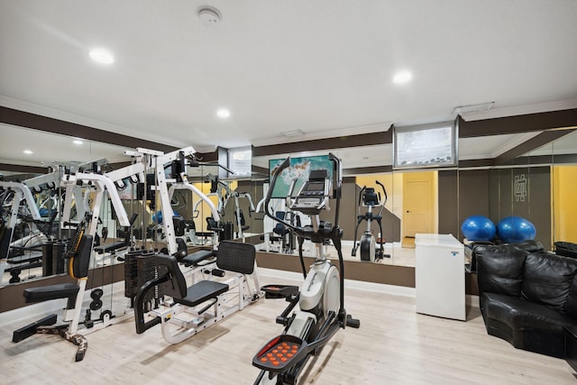 16209 Adeline Ln, Minnetonka, MN 55391 - gym with ornamental molding, wood finished floors, and recessed lighting