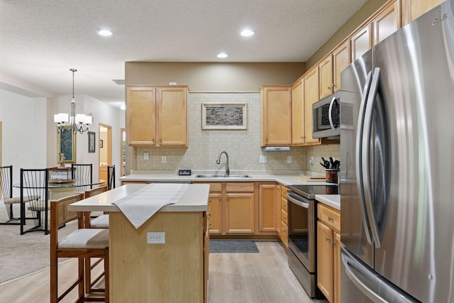 2014 Stahlke Way, Chaska, MN 55318 - kitchen with appliances with stainless steel finishes, light brown cabinets, a center island, a chandelier, and a textured ceiling