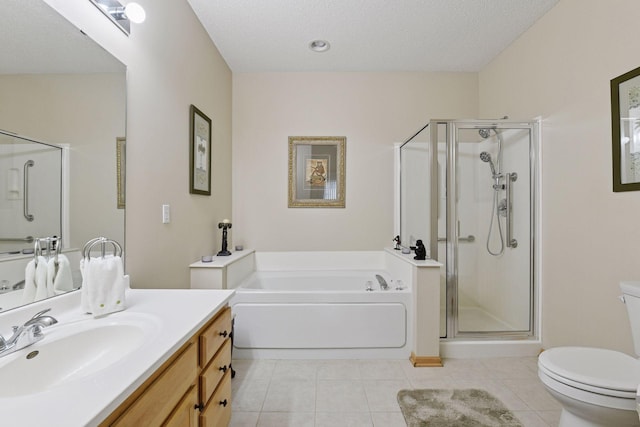 2014 Stahlke Way, Chaska, MN 55318 - bathroom with a bath, a stall shower, vanity, tile patterned floors, and a textured ceiling