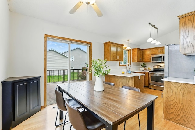 382 Tuttle Dr, Hastings, MN 55033 - dining space featuring a ceiling fan, plenty of natural light, light wood-style floors, and vaulted ceiling