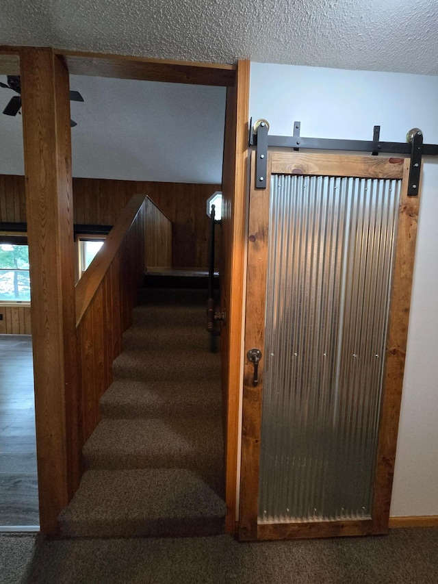 27891 Jerboa Ln, Cold Spring, MN 56320 - staircase featuring wood walls, carpet floors, and a textured ceiling