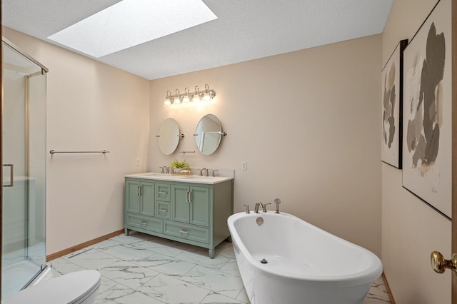17121 Variolite St NW, Ramsey, MN 55303 - bathroom featuring a skylight, marble look tiles, double vanity, a soaking tub, and a shower stall