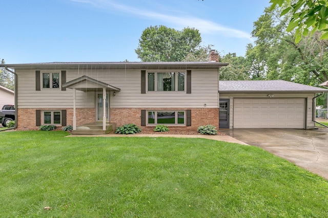 808 17th St SW, Willmar, MN 56201 - view of front facade featuring brick siding, a chimney, an attached garage, and a front lawn