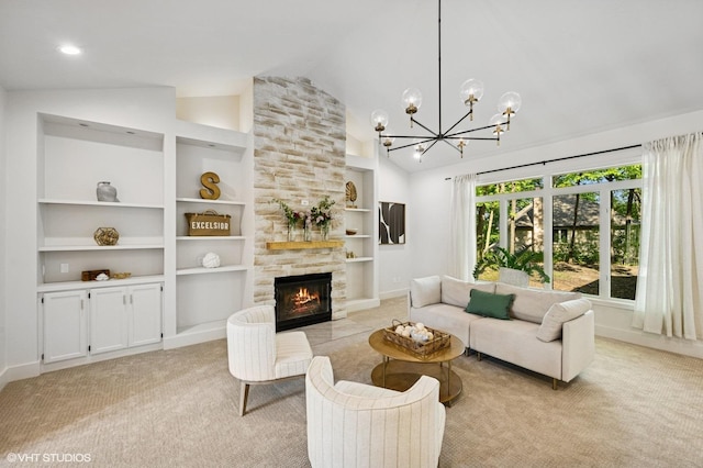 820 Vineland Ct, Chanhassen, MN 55317 - living area featuring a chandelier, light carpet, built in shelves, a fireplace, and high vaulted ceiling