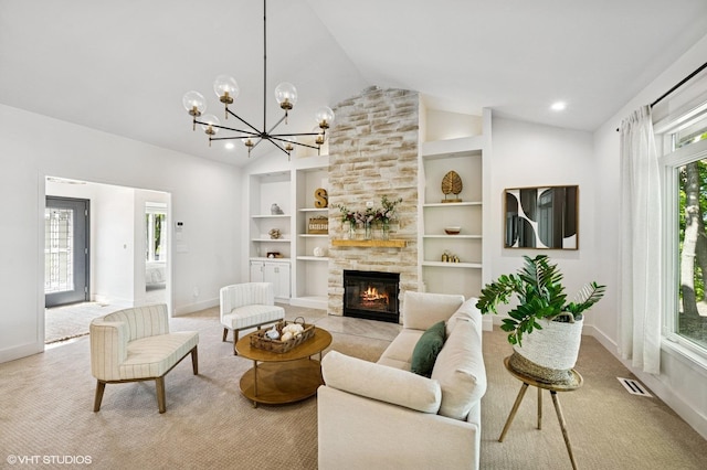 820 Vineland Ct, Chanhassen, MN 55317 - living area with light carpet, plenty of natural light, vaulted ceiling, a chandelier, and a stone fireplace