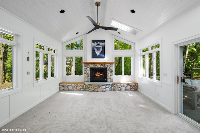 820 Vineland Ct, Chanhassen, MN 55317 - unfurnished sunroom featuring carpet floors, high vaulted ceiling, and a skylight